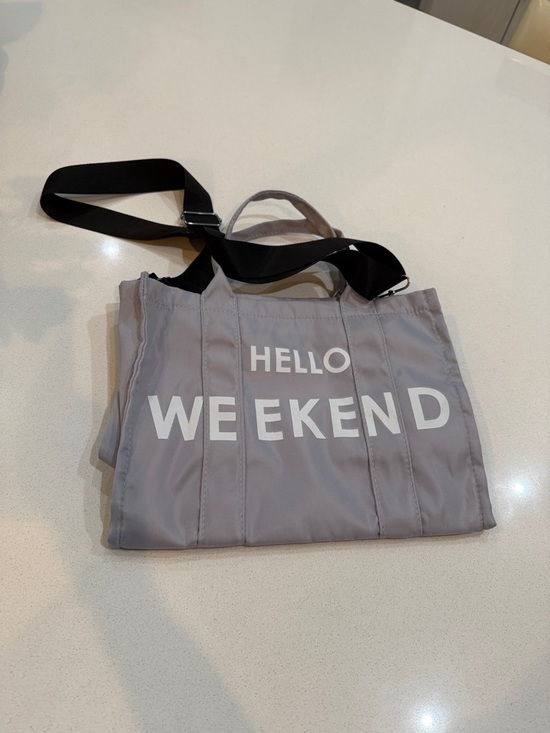 Handbags - Gray Nylon Tote with 'HELLO WEEKEND' Text
